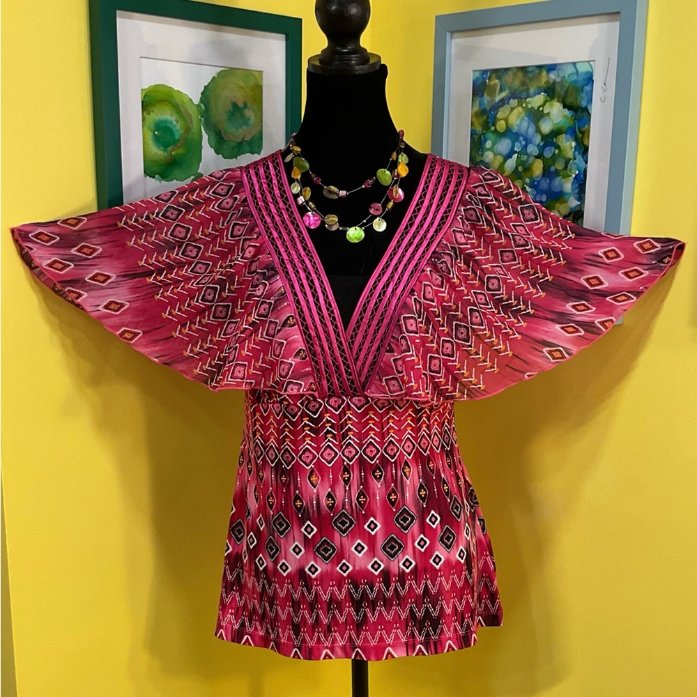 Notations Multicolor Geometric Print Flutter Sleeved Blouse Size Small - Picture 4 of 13
